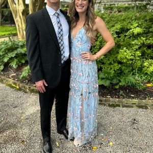 Light Blue Floral Embroidery Mesh Overlay Dress